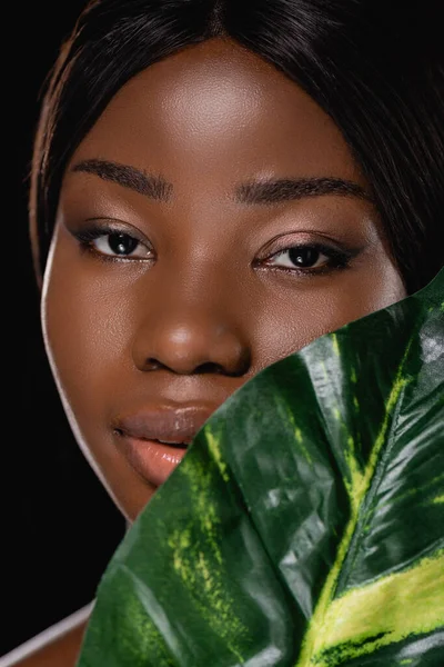 Afrikaans Amerikaanse Vrouw Met Groen Exotisch Blad Geïsoleerd Zwart — Stockfoto