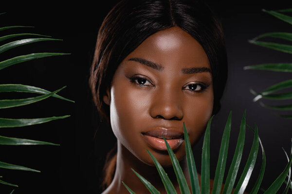 Африканская американка возле зеленых пальмовых листьев, изолированных на черном