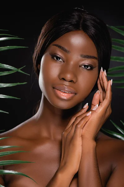 Mujer Desnuda Afroamericana Cerca Hojas Palma Verde Aisladas Negro —  Fotos de Stock