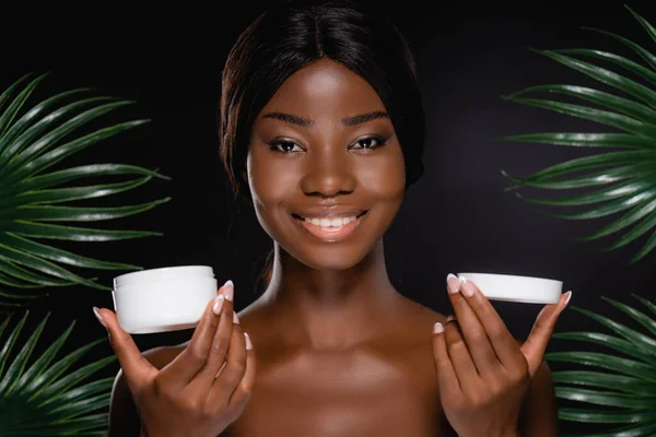 African American Naked Woman Cosmetic Cream Green Palm Leaves Isolated — Stock Photo, Image