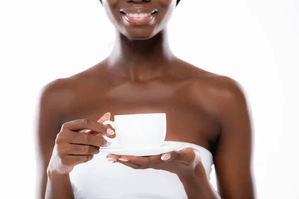 Vista Recortada Mujer Afroamericana Con Taza Café Aislado Blanco — Foto de Stock