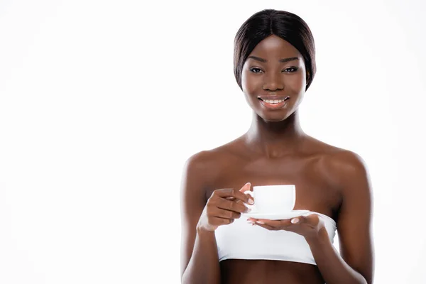 Donna Afroamericana Con Tazza Caffè Isolato Bianco — Foto Stock