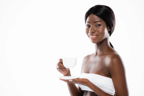 African American Woman Cup Coffee Isolated White — Stock Photo, Image