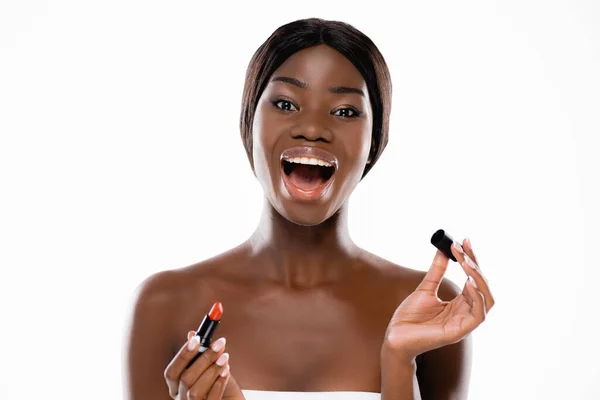 Excited African American Naked Woman Lipstick Isolated White — Stock Photo, Image