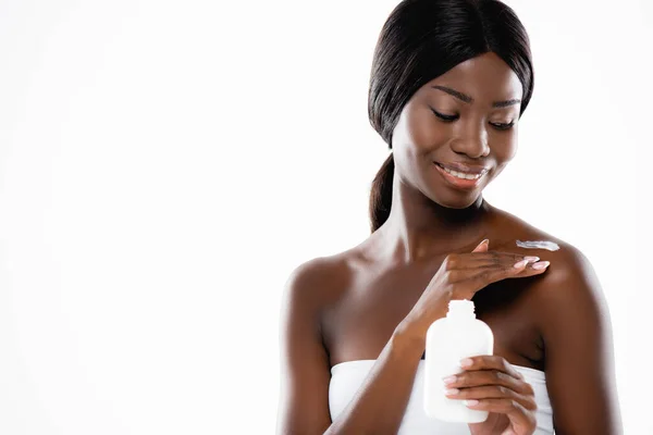 African American Woman Applying Body Lotion Isolated White — Stock Photo, Image