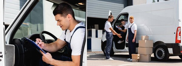 Коллаж погрузчика, держащего планшет и ручку, и грузчиков, стоящих рядом с картонными коробками и грузовиком на городской улице 