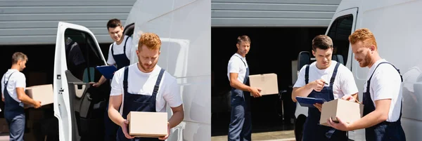 Collage Movers Clipboard Holding Cardboard Boxes Truck Urban Street — Stock Photo, Image