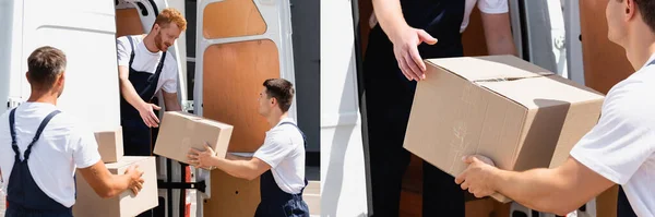 Collage Van Verhuizers Lossen Kartonnen Dozen Uit Vrachtwagen Stedelijke Straat — Stockfoto