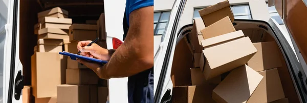 Collage Loader Writing Clipboard Cardboard Boxes Truck Urban Street — Stock Photo, Image