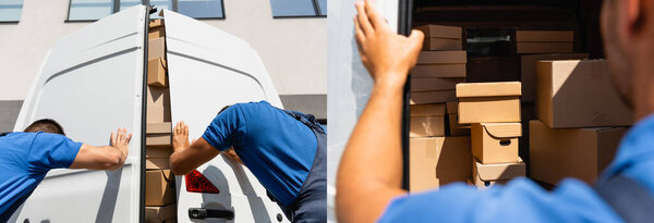 Collage of loaders closing doors of truck with cardboard boxes on urban street 