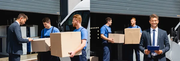 Collage Hombres Negocios Revisando Caja Cartón Sujetando Portapapeles Cerca Mudanzas — Foto de Stock