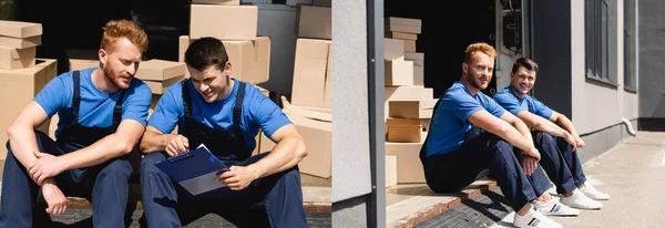 Collage Movers Overalls Looking Clipboard Warehouse Urban Street — Stock Photo, Image