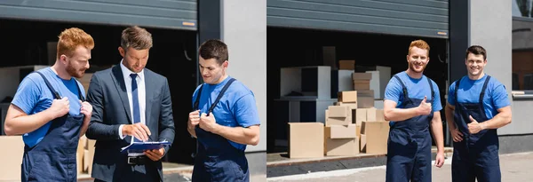 Collage Businessman Holding Clipboard Pen Movers Showing Thumbs Outdoors — Stock Photo, Image