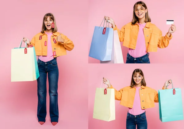 女性のコラージュを保持ショッピングバッグで販売レタリング上の価格タグとクレジットカード上ピンクの背景 — ストック写真