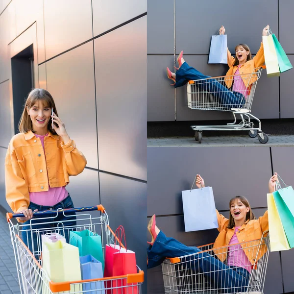 Collage Young Woman Talking Smartphone Holding Shopping Bags Cart Urban — Stock Photo, Image