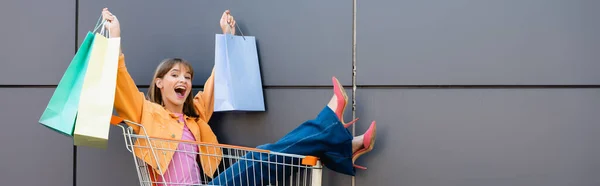 Imagen Horizontal Mujer Excitada Sosteniendo Bolsas Compras Coloridas Mientras Está — Foto de Stock