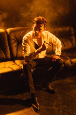 Takım elbiseli ciddi bir adam kanepede oturuyor ve elinde dumanla siyah puro tutuyor.