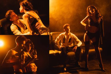 Üstsüz adamın, baştan çıkarıcı sevgiliye bir kadeh şampanyayla sarılmasının kolajı, birbirlerine siyah gözlerle bakan seksi çift. 