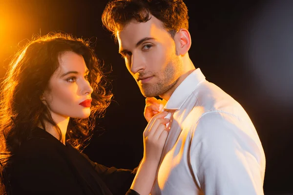 Lighting Curly Woman Touching Shirt Man Black — Stock Photo, Image