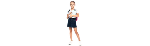 Panoramic Shot Schoolgirl Glasses Holding Books While Standing Looking Camera — Stock Photo, Image