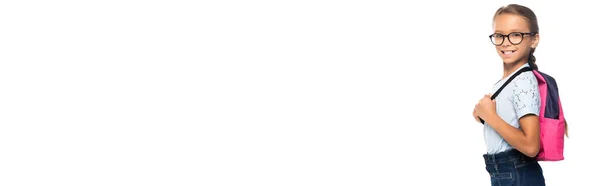 Горизонтальный Урожай Школьницы Очках Смотрящей Камеру Трогательный Рюкзак Изолированный Белом — стоковое фото