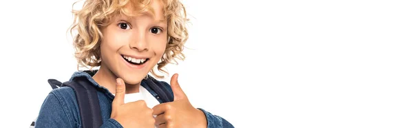 Panoramic Shot Curly Blonde Schoolboy Looking Camera Showing Thumbs Isolated — Stock Photo, Image