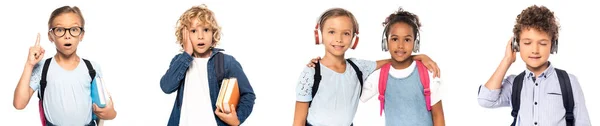 Collage Schoolgirl Having Idea Surprised Schoolboy Touching Face Multicultural Kids — Stock Photo, Image