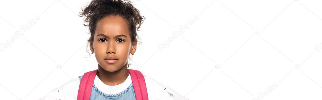 panoramic orientation of african american schoolkid looking at camera isolated on white 