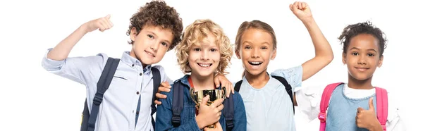 Horizontal Image Multicultural Schoolkids Celebrating Triumph Isolated White — Stock Photo, Image