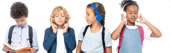 Panoramic Concept Schoolgirl Listening Music Looking Boy Reading Book Multicultural — Stock Photo, Image