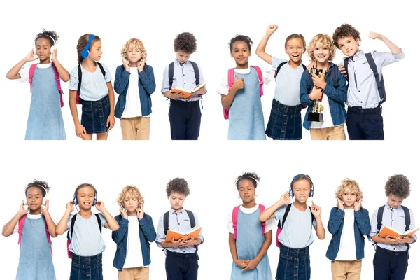 Collage Van Multiculturele Schoolkinderen Luisteren Muziek Draadloze Koptelefoon Buurt Van — Stockfoto