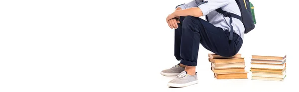 Cosecha Horizontal Colegial Con Mochila Sentado Libros Aislados Blanco — Foto de Stock