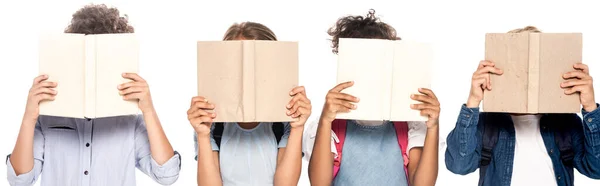 Horizontal Image Multicultural Schoolgirls Schoolboys Covering Faces Books Isolated White — Stock Photo, Image