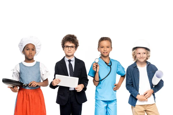 Multicultural Children Costumes Different Professions Holding Blueprint Frying Pan Stethoscope — Stock Photo, Image