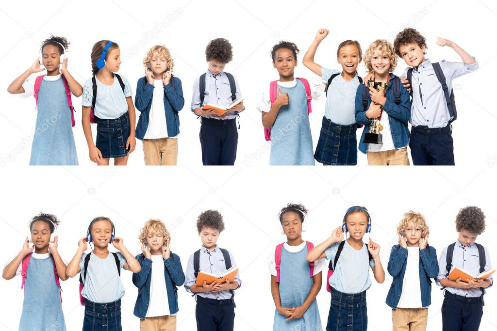 collage of multicultural schoolchildren listening music in wireless headphones near curly boy reading book isolated on white 