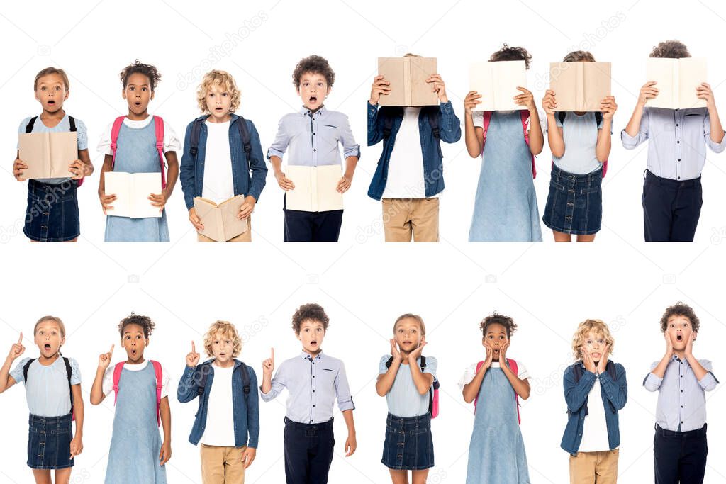 collage of multicultural schoolgirls and schoolboys covering faces with books, touching faces and showing idea sign isolated on white