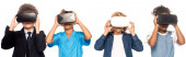 panoramic shot of multicultural kids dressed in costumes of different professions touching virtual reality headsets isolated on white 