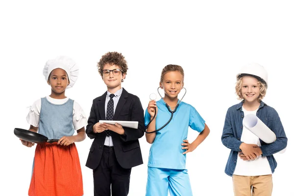 Multicultural Kids Dressed Costumes Different Professions Holding Blueprint Frying Pan — Stock Photo, Image