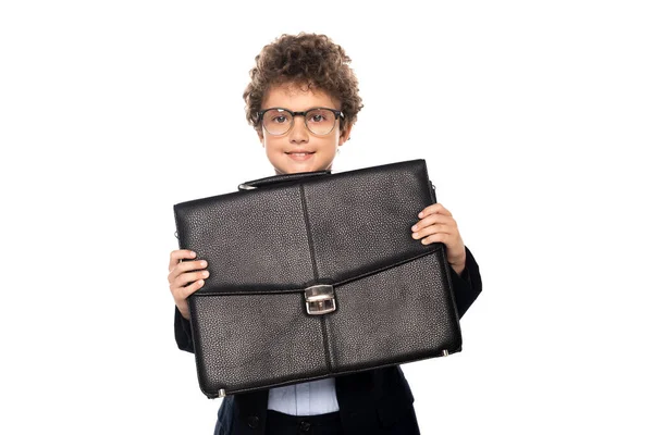 Curly Boy Suit Glasses Holding Briefcase Isolated White — Stock Photo, Image