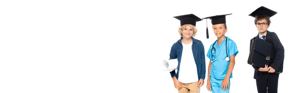 身着不同职业服装 头戴毕业帽 头戴白色蓝图和公文包的儿童全景系列 — 图库照片
