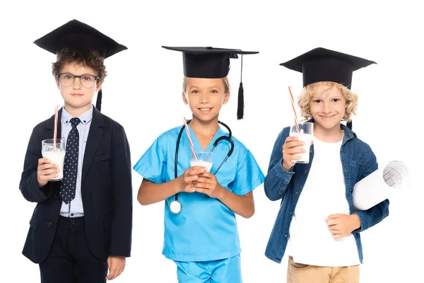 Niños Gorras Graduación Vestidos Con Disfraces Diferentes Profesiones Sosteniendo Vasos — Foto de Stock