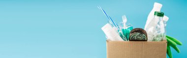 plastic rubbish and rubber gloves in cardboard box isolated on blue, panoramic shot clipart