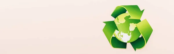 Top View Green Recycling Symbol Planet Isolated Beige Panoramic Shot — Stock Photo, Image