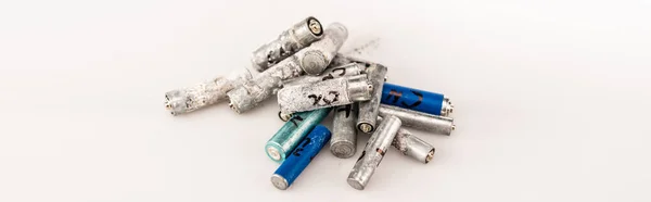 Pile Used Batteries White Background Panoramic Shot — Stock Photo, Image