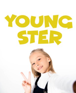 schoolgirl showing victory sign while taking selfie on white background, youngster illustration clipart