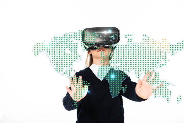 schoolgirl standing with outstretched hands while using virtual reality headset isolated on white, global map illustration