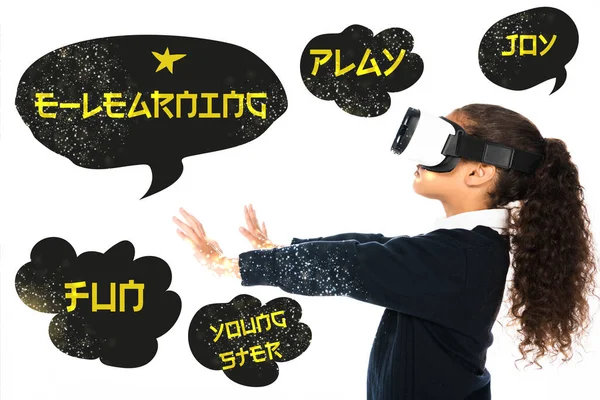 African American Schoolgirl Outstretched Hands Using Virtual Reality Headset Isolated — Stock Photo, Image