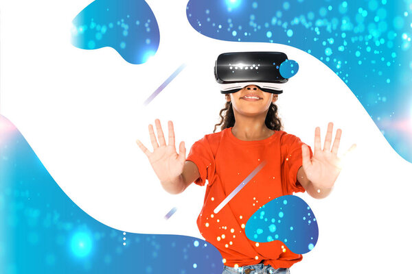 african american child using virtual reality headset isolated on white, abstract glowing illustration