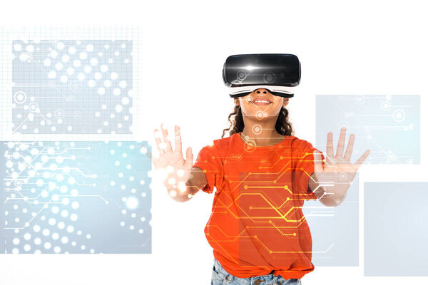 african american child using virtual reality headset isolated on white, abstract digital illustration