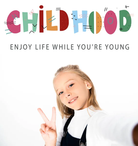 Schoolgirl Showing Victory Sign While Taking Selfie White Background Childhood — Stock Photo, Image